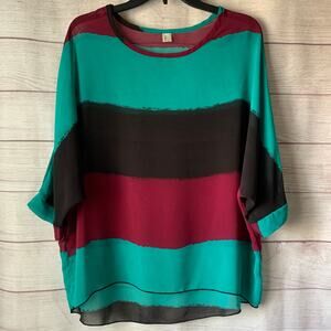 Baluoke Color Block Stripe Blouse Dolman or Bat Wing 3/4 Sleeves High Low Bottom